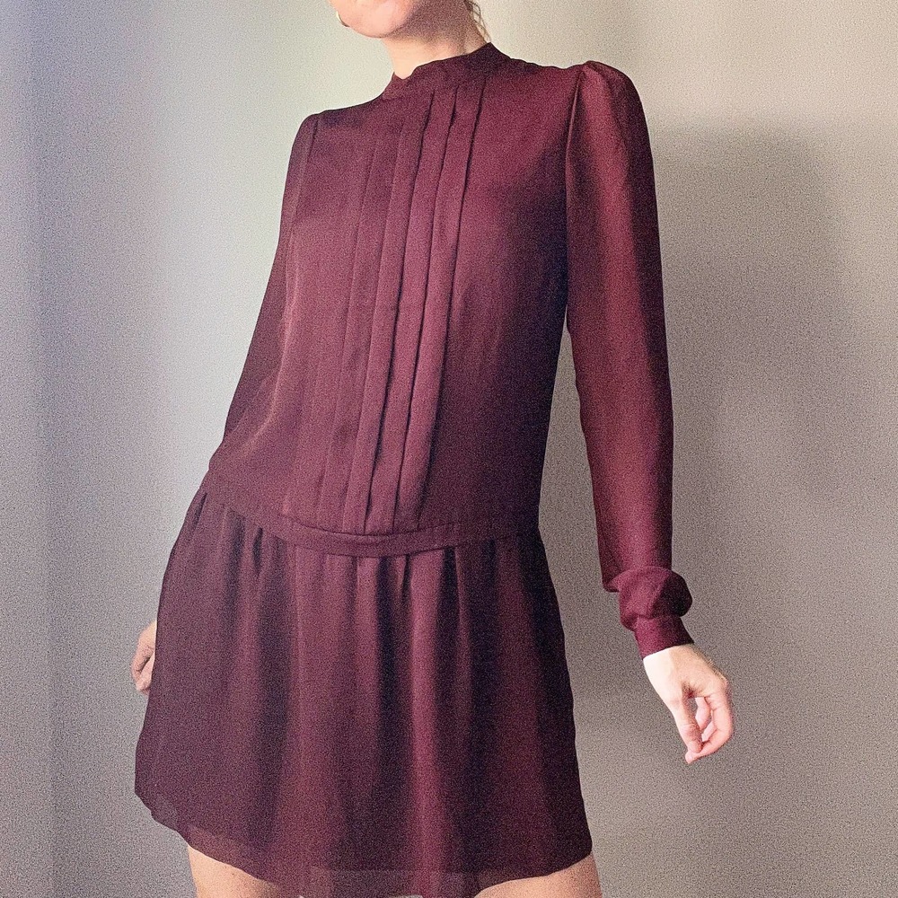 Reiss Burgundy Mock Neck Pleated Long Sleeve Mini Dress